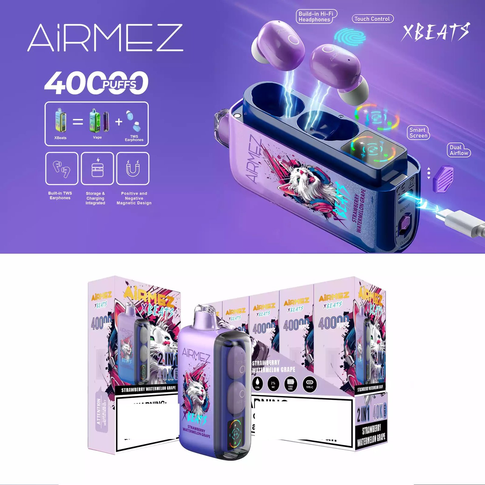 AIRMEZ XBEAT 40000 Puffs Earphone Smart Disposable Vapes Wholesale Bulk Buy 6 AIRMEZ XBEAT 40000 Puffs Earphone Smart Screen Low Nicotine Bulk Buy Original Rechargeable Disposable Vapes Wholesale
