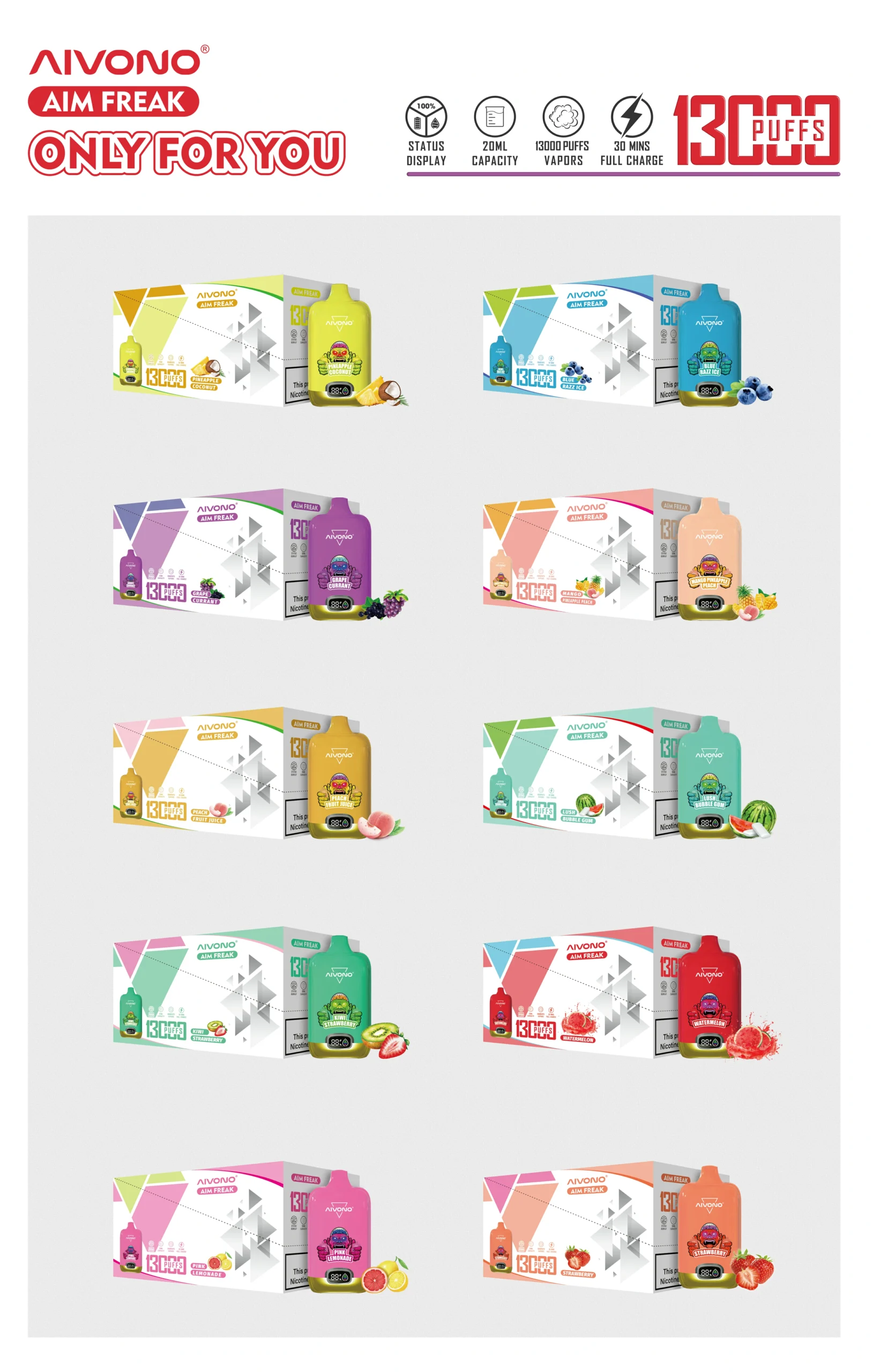 AIVONO AIM FREAK 13000 Puffs Digital Screen Bulk Buy Rechargeable Disposable Vapes Wholesale 22 AIVONO AIM FREAK 13000 Puffs Digital Screen 0% 2% 3% 5% Strength Concentration Original Factory Bulk Buy Rechargeable Disposable Vapes Pen Wholesale