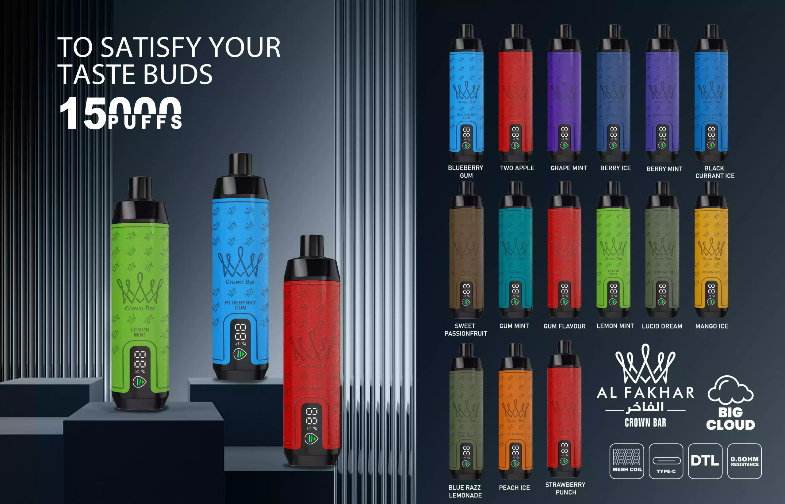 Al Fakhar Crown Bar 15000 Puffs DTL LED Display Bulk Buy Rechargeable Disposable Vapes Wholesale 20 Al Fakhar Crown Bar 15000 Puffs DTL LED Display 2% Low Nicotine Original Factory Bulk Buy Rechargeable Disposable Vapes Pen Wholesale