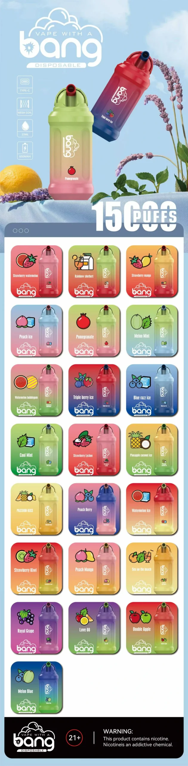 BANG 15000 Puffs Bulk Buy Rechargeable Disposable Vapes Wholesale 8 BANG 15000 Puffs 0% 2% 3% 5% Concentration Bulk Buy Rechargeable Disposable Vapes Pen Wholesale