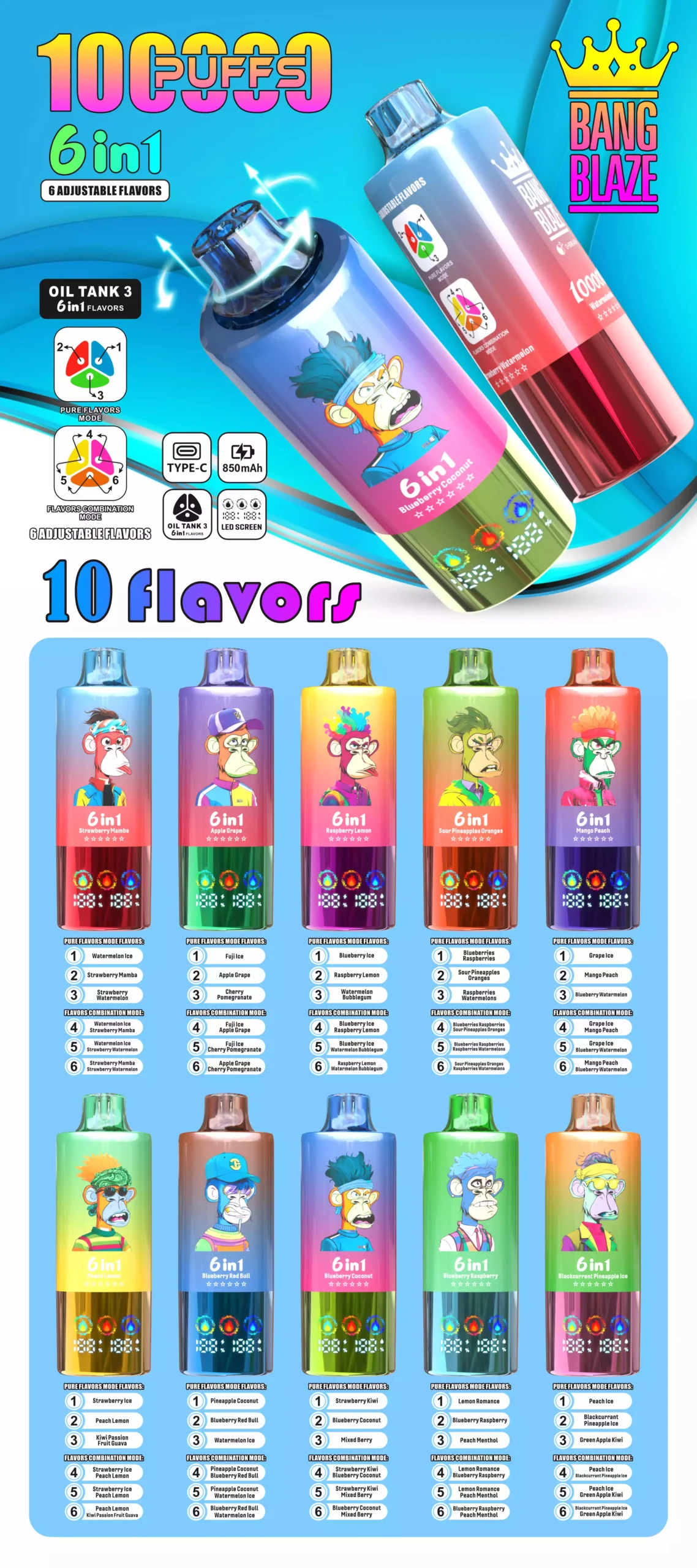 BANG BLAZE 100000 Puffs 6 Tastes DSK055 Bulk Buy Rechargeable Disposable Vapes Wholesale 20 BANG BLAZE DSK055 High Capacity Bulk Buy Original Rechargeable Wholesale Device