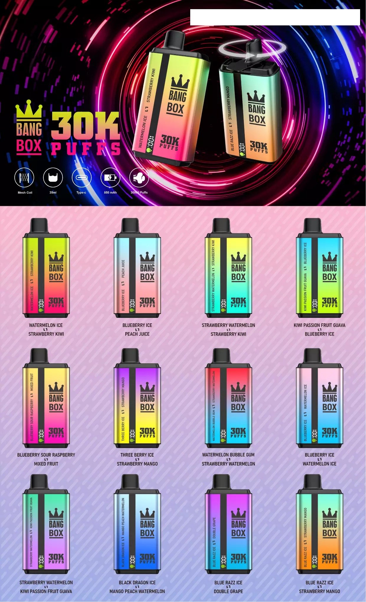 BANG BOX 30000 Puffs Double Tastes Bulk Buy Rechargeable Disposable Vapes Wholesale 26 Bang Box 30000 Puffs Dual-Blend 0% 2% 3% 5% Strengths Original Factory Bulk Buy Rechargeable Disposable Vapes Pen Wholesale