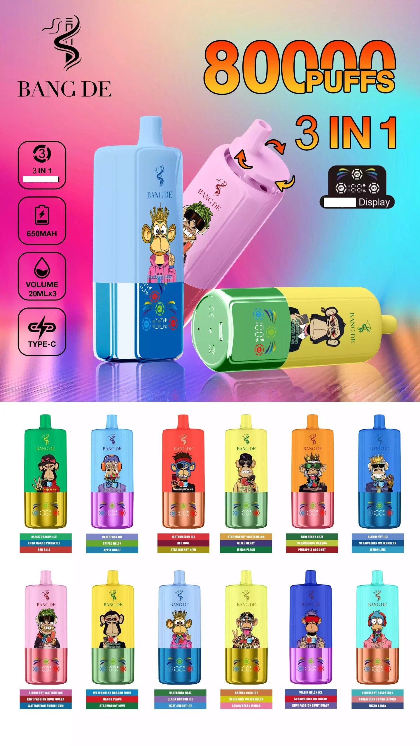 BANG DE 80K 3 IN 1 Disposable Vapes Wholesale Bulk Buy 80000 Puffs Dual Mesh Coil Adjustable Airflow 22 BANG DE 80K Disposable Vapes Wholesale Bulk Buy 80000 Puffs Dual Mesh Coil Adjustable Airflow Design