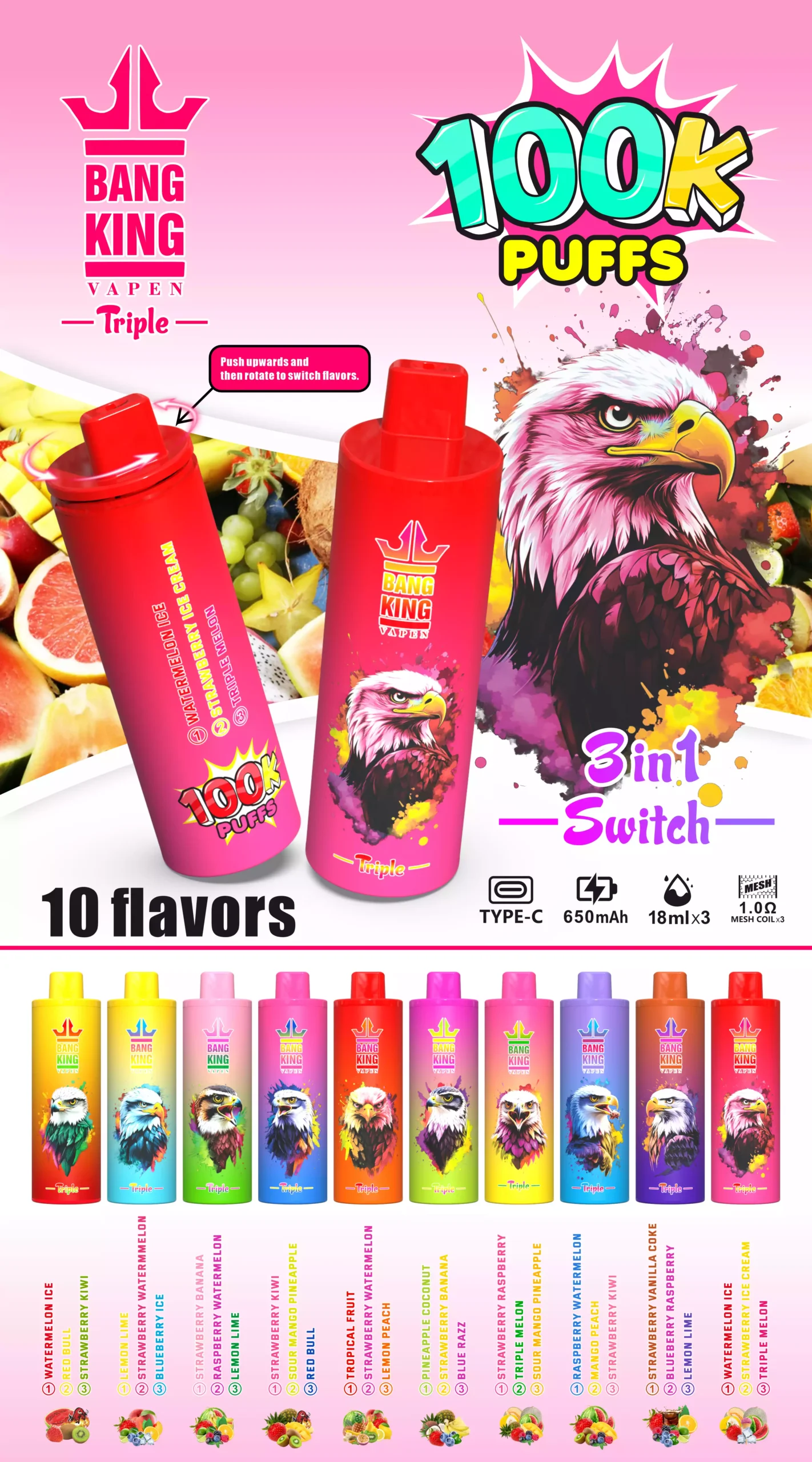 BANG KING Triple 100K 3 in 1 Switch 100000 Puffs Smart Mesh Disposable Vape Wholesale Bulk Buy DSK043 20 BANG KING Triple 100K 100000 Puffs Smart Mesh Disposable Vape Wholesale Bulk Buy Rechargeable Series
