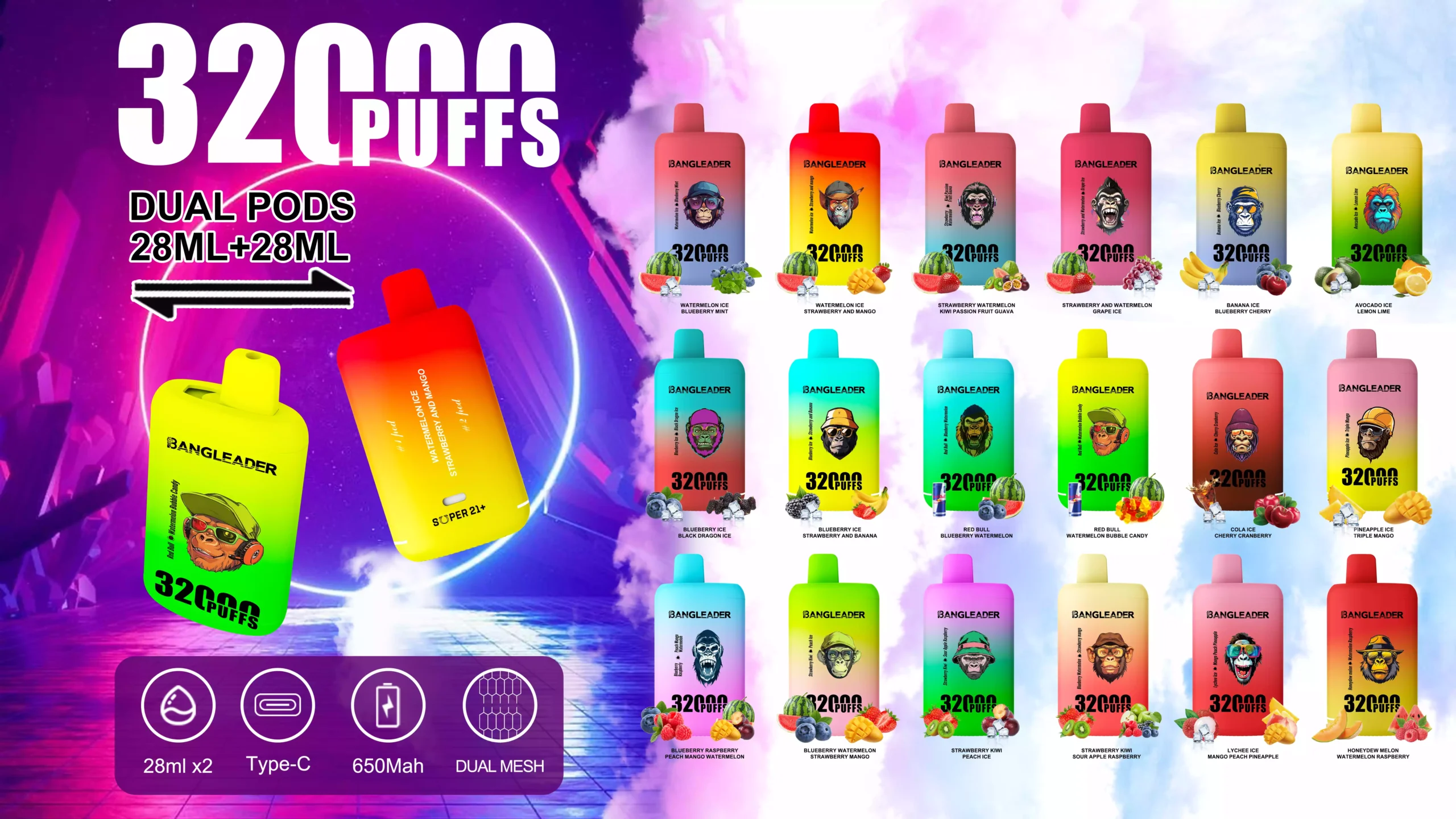 BANG LEADER 32000 Puffs Dual Tastes Bulk Buy Rechargeable Disposable Vapes Wholesale 24 BANG LEADER 32000 Puffs Dual Taste Low Strength Bulk Buy Original Rechargeable Disposable Vapes Wholesale