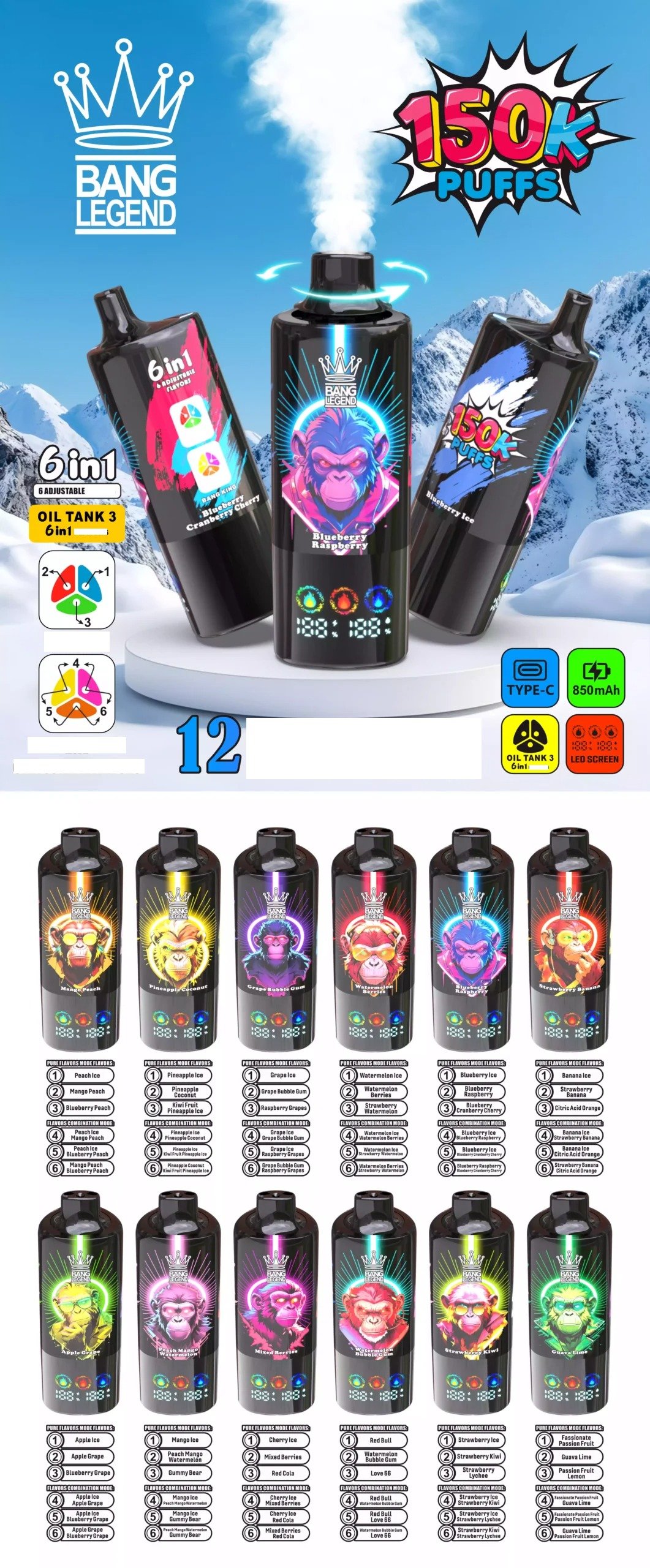 BANG LEGEND 150000 Puffs DSK064 Six Tastes Bulk Buy Rechargeable Disposable Vape 24 BANG LEGEND 150000 Puffs DSK064 Multi-Profile Combination Bulk Buy Original Rechargeable Vape Hardware