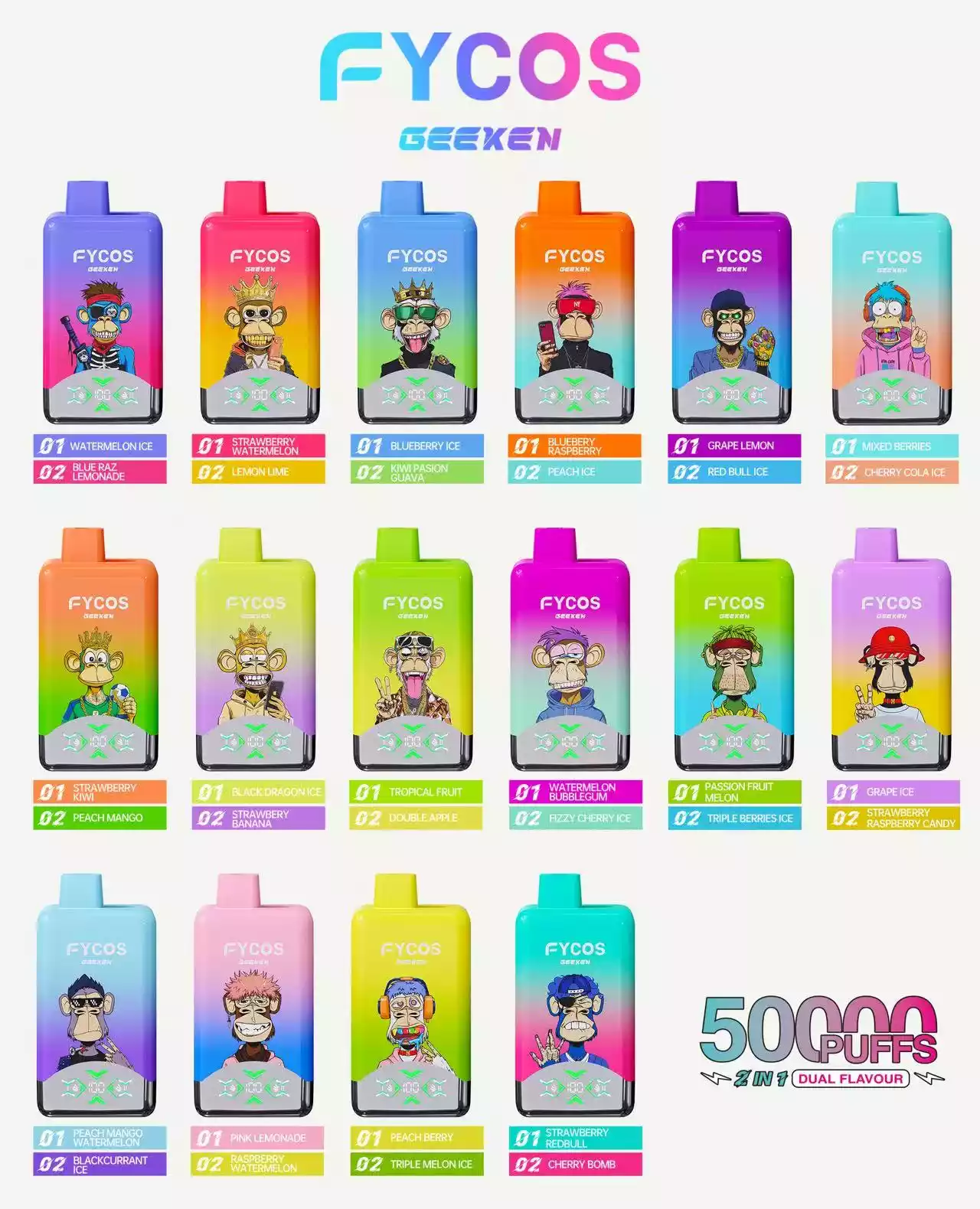 FYCOS Dual Tastes 50000 Puffs Rechargeable Disposable Vape Wholesale Bulk Buy 6 FYCOS Dual Flavors 50000 Puffs Rechargeable Disposable Vape Wholesale Bulk Buy