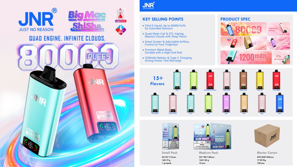 JNR BIG MAC Shisha 80K 80000 Puffs Big Cloud Disposable Vape Wholesale Bulk Buy Smart Display 8 JNR BIG MAC Shisha 80K 80000 Puffs Big Cloud Disposable Vape Wholesale Bulk Buy Smart Display