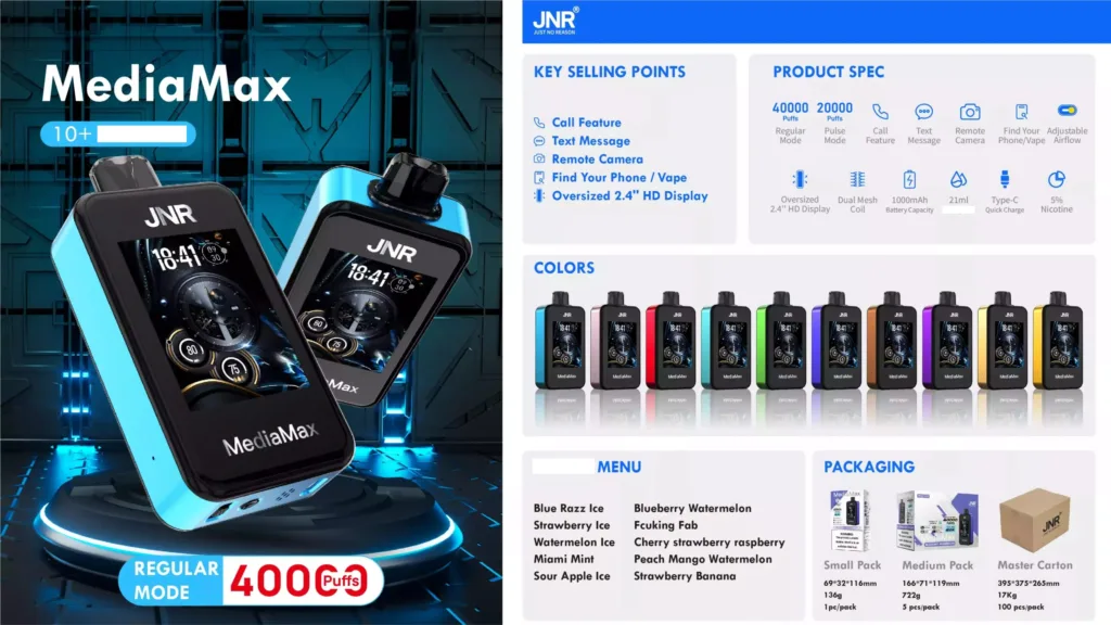 JNR Media Max 40000 Puffs Dual Mesh HD Display Bulk Buy Rechargeable Disposable Vapes Wholesale 6 JNR Media Max 40000 Puffs Dual Mesh HD Display 5% Low Nicotine Original Factory Bulk Buy Rechargeable Disposable Vapes Pen Wholesale
