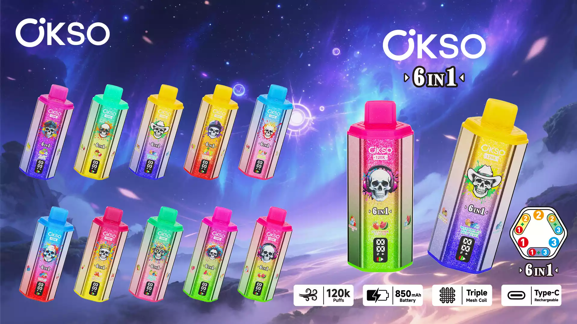 OKSO 6IN1 120k 120000 Puffs Mesh Coil Technology Disposable Vape Wholesale Bulk Buy Multi Options 22 OKSO 6IN1 120k 120000 Puffs 6 Pod System Mesh Coil Technology Disposable Vape Wholesale Bulk Buy Multi Options